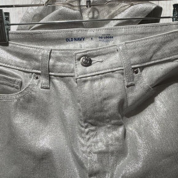 Old Navy High Rise OG Loose Silver Shine Jeans Metallic Coated Pants Jeans 6 - Picture 3 of 6